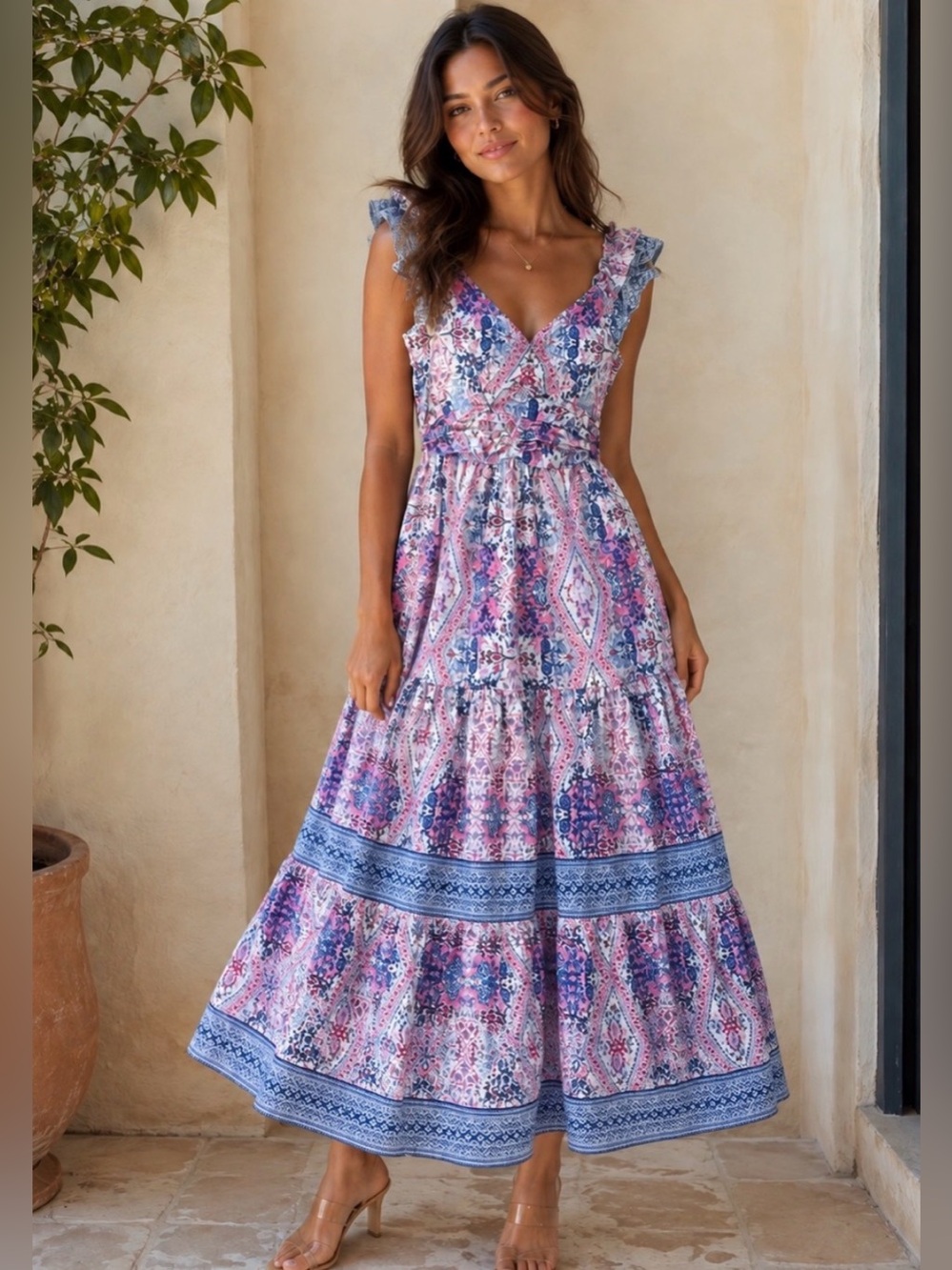 Caroline Constas Pink & Blue Floral Maxi Dress
